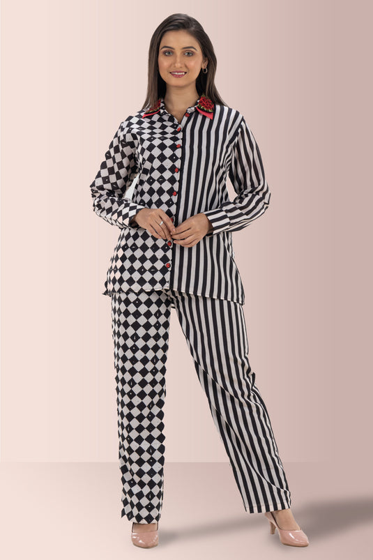 Exclusive Black Color Cotton Fabric Stripes Relaxed Readymade Co Ord Set