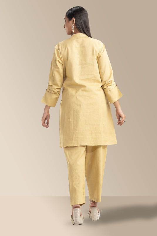 Exclusive Beige Color Cotton Fabric Solid Plain Relaxed Sleeves Readymade Co Ord Set