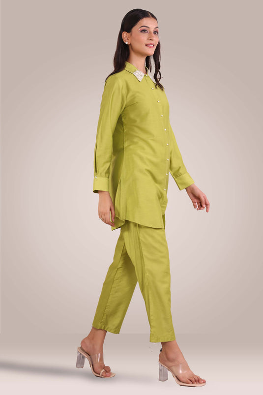 Exclusive Green Color Cotton Silk Fabric Solid Plain Relaxed Readymade Co Ord Set