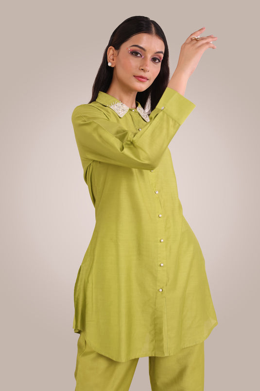 Exclusive Green Color Cotton Silk Fabric Solid Plain Relaxed Readymade Co Ord Set