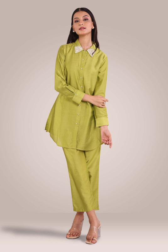 Exclusive Green Color Cotton Silk Fabric Solid Plain Relaxed Readymade Co Ord Set