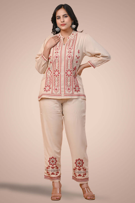 Exclusive Beige Color Cotton Fabric Embroidered Relaxed Sleeves Readymade Co Ord Set