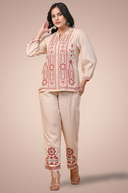 Exclusive Beige Color Cotton Fabric Embroidered Relaxed Sleeves Readymade Co Ord Set