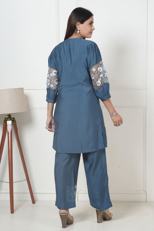 Exclusive Blue Grey Embroidered Tunic With Pant