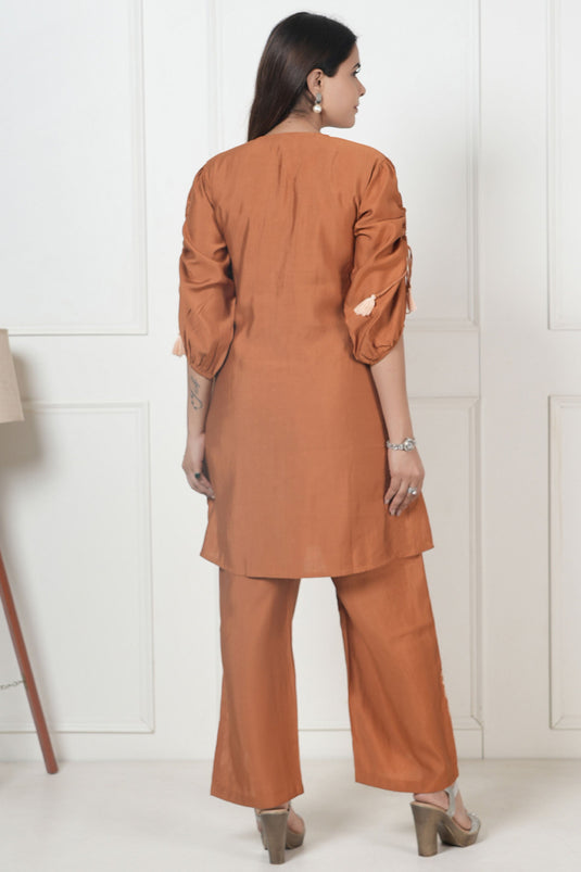 Exclusive Rust Orange Embroidered Tunic With Straight Pant