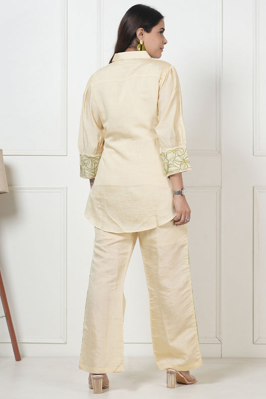 Exclusive Yellow Creme Embroidered Viscose Shirt With Pant