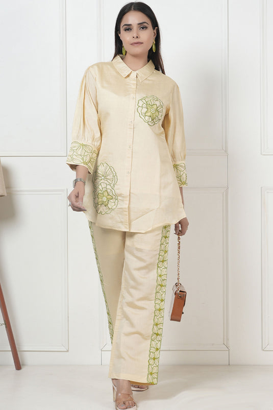 Exclusive Yellow Creme Embroidered Viscose Shirt With Pant