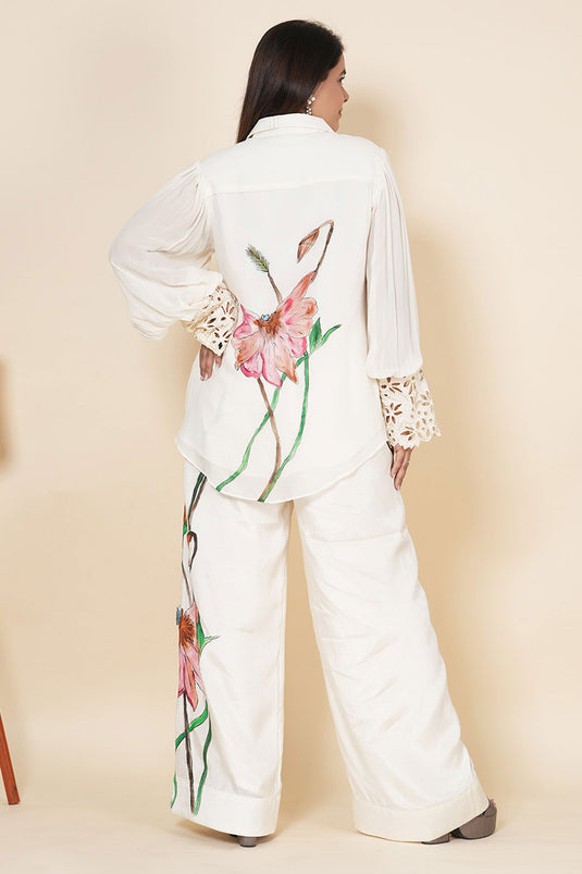 Exclusive Embroidered Wide Leg Trouser Co Ord Set With Belt