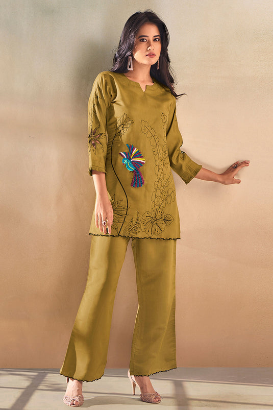 Exclusive Mustard Green Embroidered Tunic Set With Cut Work