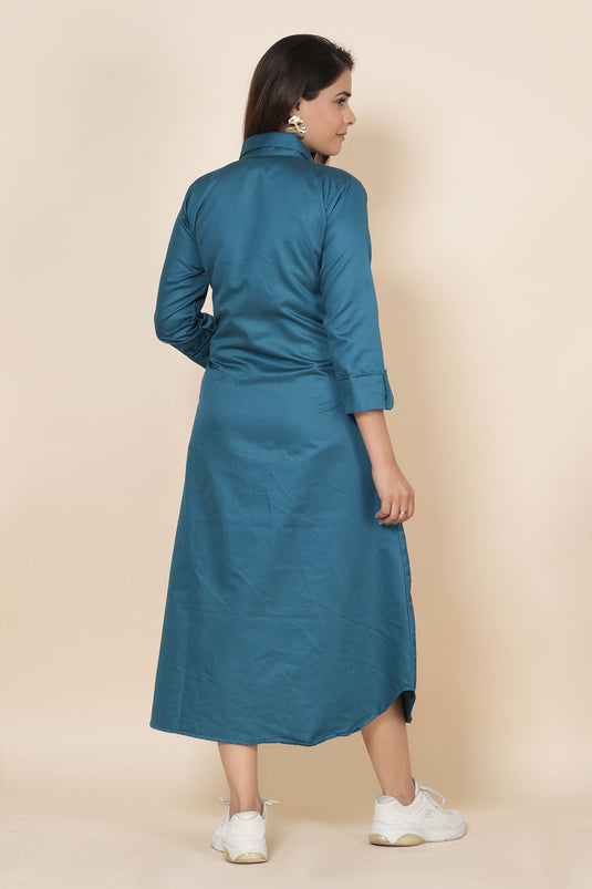 Exclusive Teal Blue Embroidered Thread Work Poplin Dress