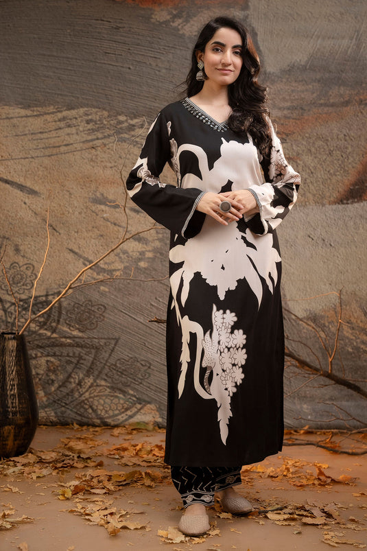 Exclusive Black Bold Floral Printed And Embroidered Ethnic Kurta Set