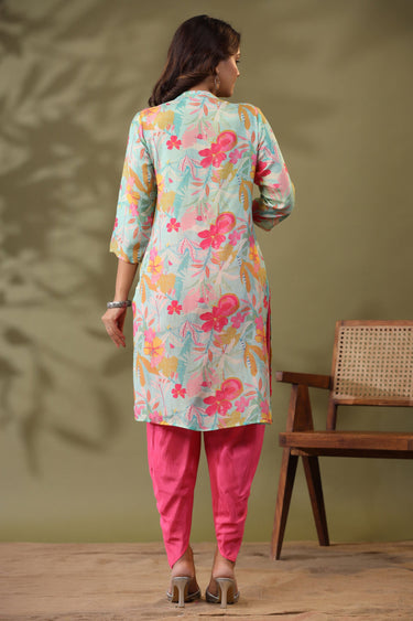 Exclusive Mint Blue Floral Printed Tie Detail Kurta With Tulip Pants