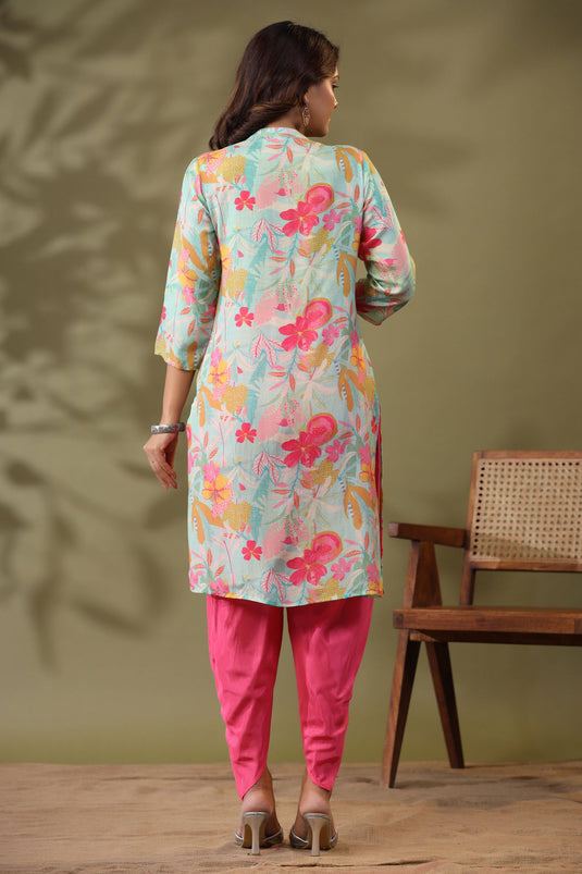 Exclusive Mint Blue Floral Printed Tie Detail Kurta With Tulip Pants