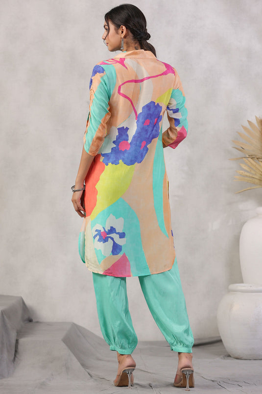 Exclusive Sea Green Abstract Printed Shirt Style Kurta With Indowestern Salvar