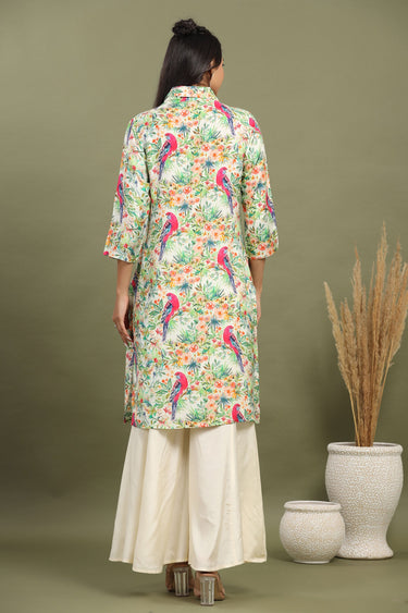 Exclusive Off White Scenic Birds Printed Kurta With Flared Pants
