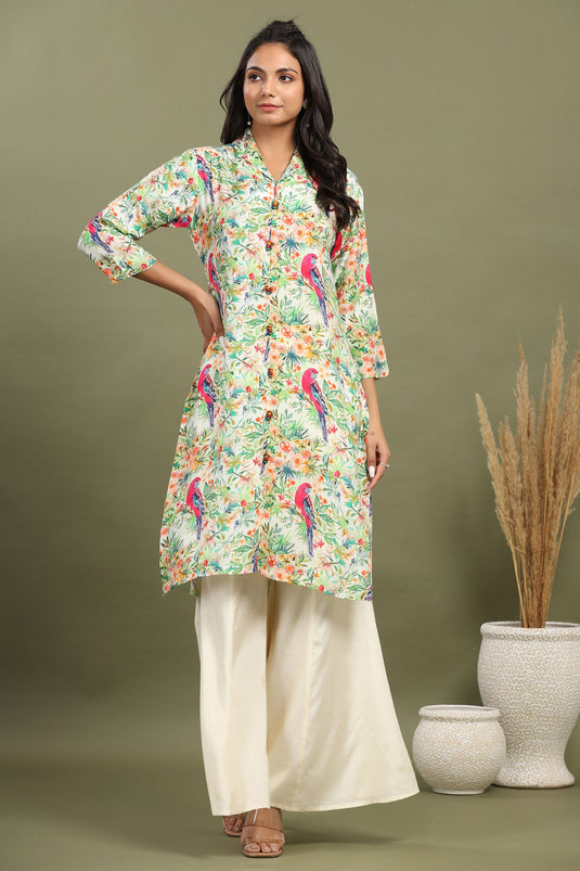 Exclusive Off White Scenic Birds Printed Kurta With Flared Pants