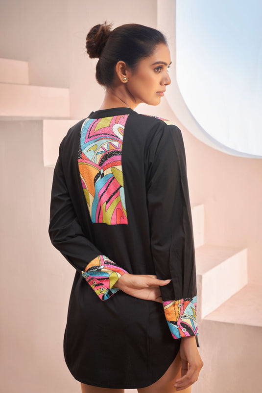 Exclusive Kameez Black Shirt With Pop Print Patches And Rhinestone Work