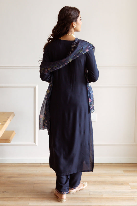 Exclusive Navy Blue Floral Embroidery Ethnic Set With Dupatta