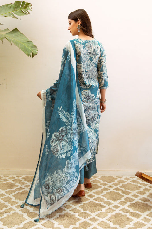 Exclusive Blue Turquoise Floral Printed Ethnic Set With Embroidery And Dupatta