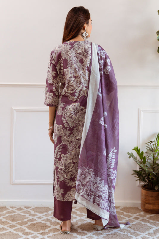 Exclusive Dark Mauve Floral Printed Ethnic Set With Embroidery And Dupatta