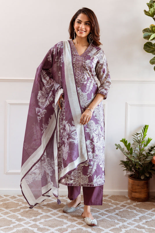 Exclusive Dark Mauve Floral Printed Ethnic Set With Embroidery And Dupatta