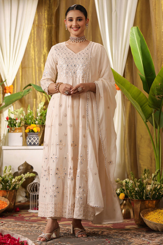 Exclusive Pastel And Bling Champagne Long Kurta Ethnic Set With Dupatta