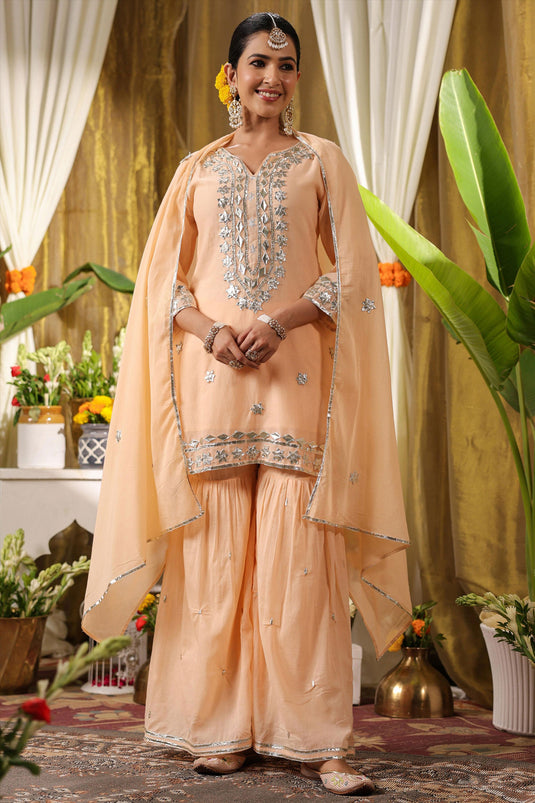 Exclusive Pastel And Bling Peach Ethnic Sharara Set With Dupatta