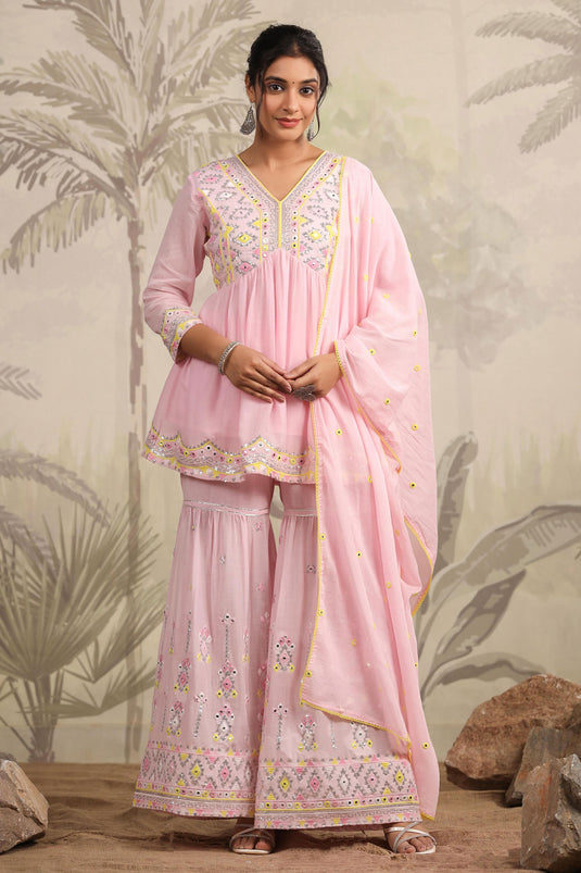 Exclusive Pastel And Bling Pink Sharara Ethnic Set With Dupatta