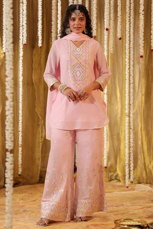 Exclusive Pastel And Bling Pink Short Kurta Ethnic Set With Dupatta