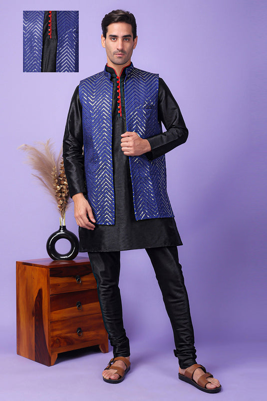 Reception Wear Readymade Black Color Art Silk Fabric Beautiful Kurta Pyjama For Men With 3 Pcs Embroidered Jacket Set