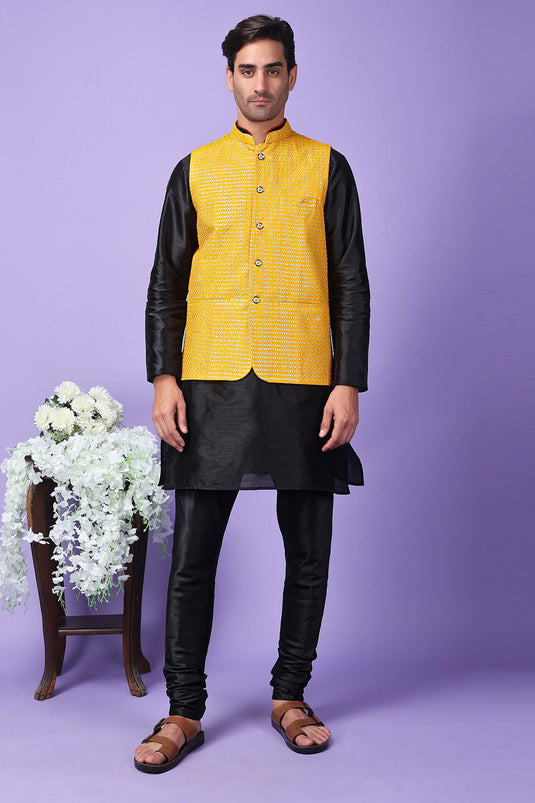 Fancy Black Color Art Silk Fabric Function Wear Readymade Kurta Pyjama For Men With Modi Jacket Set