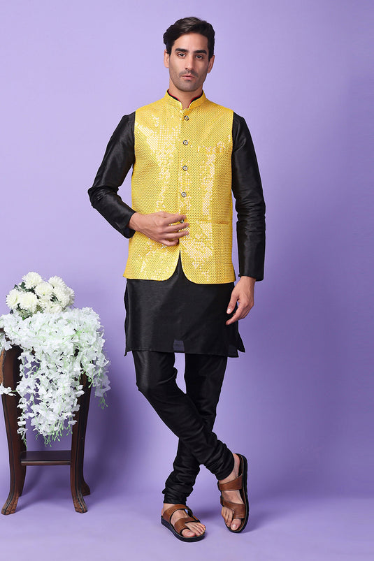 Art Silk Fabric Wedding Wear Readymade Pretty Black Color Kurta Pyjama For Men With 3 Pcs Embroidered Jacket Set