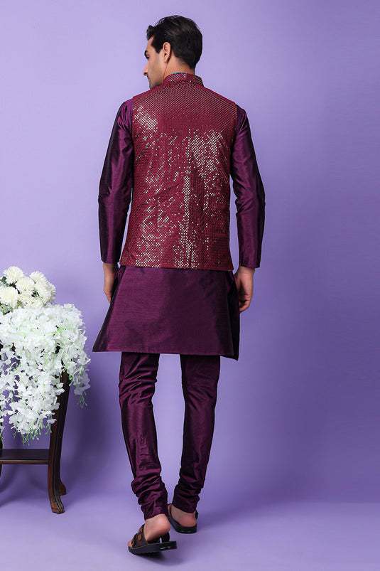 Art Silk Fabric Stunning Purple Color Function Wear Readymade Men Kurta Pyjama With Embroidered Jacket