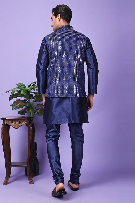 Art Silk Fabric Navy Blue Color Festive Wear Readymade Men Stylish Kurta Pyjama With Embroidered Jacket set