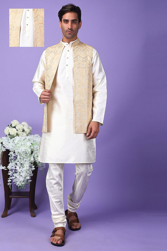 Art Silk Beige Color Wedding Wear Readymade Designer Men Kurta Pyjama With Modi Jacket