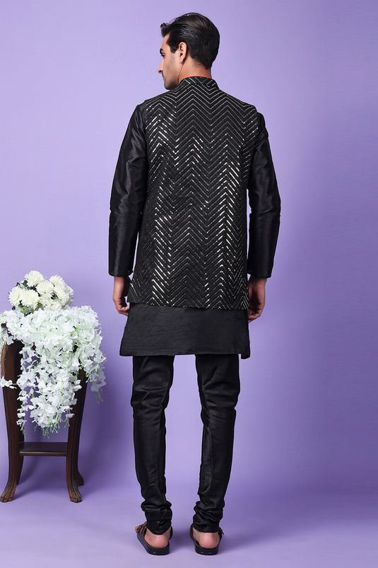 Black Color Sangeet Wear Readymade Lovely Art Silk Fabric Kurta Pyjama For Men With 3 Pcs Embroidered Jacket Set