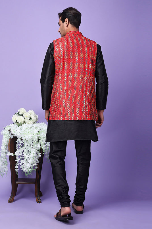 Black Color Art Silk Fabric Designer Long Readymade Men Kurta Pyjama With Embroidered Jacket