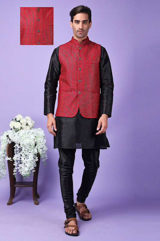 Black Art Silk Fabric Sangeet Wear Trendy Readymade Kurta Pyjama For Men With Embroidered Jacket Set