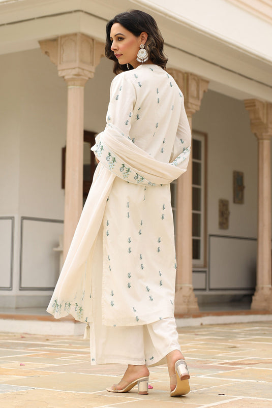 Beatific White Color Cotton Fabric Readymade Suit