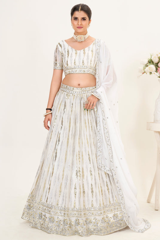 White Color Alluring Sequins Work Lehenga Choli In Georgette Fabric