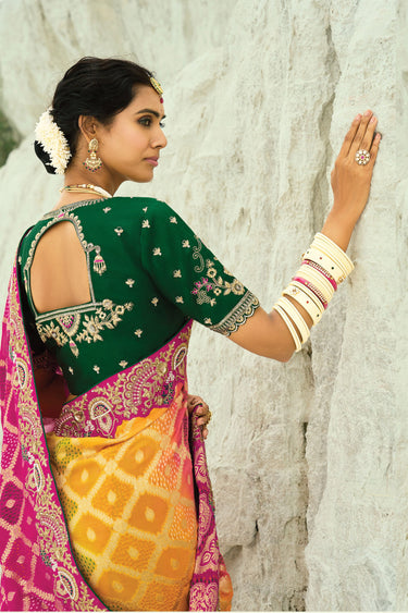 Premium Quality Multi Color Pure Georgette Bandhej Saree With Moti And Dana Work