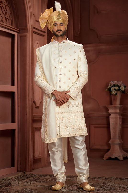 Off White Color Blazing Wedding Wear Readymade Sherwani In Pure Silk Fabric