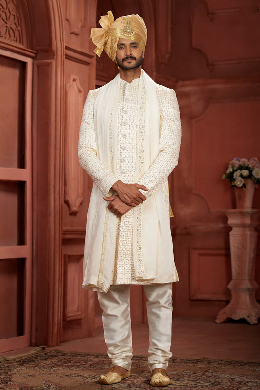 Cream Color Wedding Wear Readymade Pure Silk Fabric Sherwani For Men