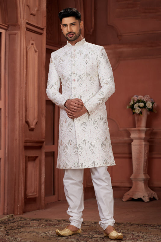 White Color Radiant Wedding Wear Readymade Sherwani