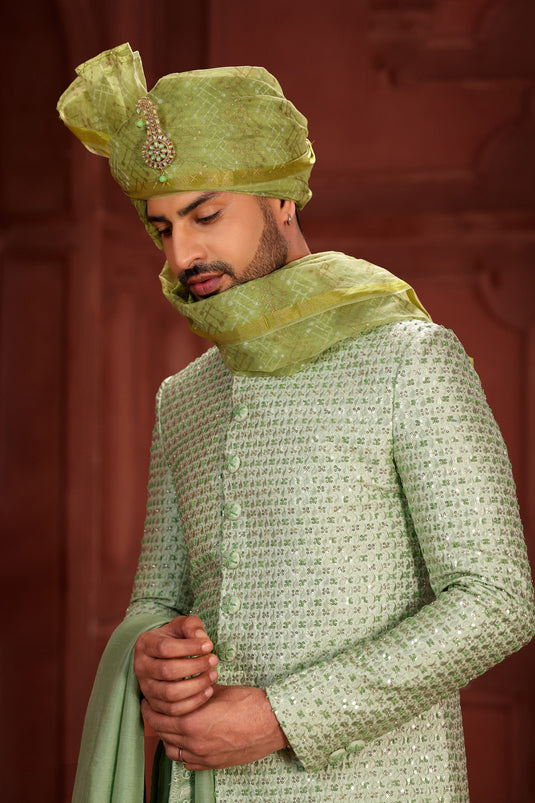 Sea Green Color Pure Silk Fabric Wedding Wear Readymade Alluring Sherwani