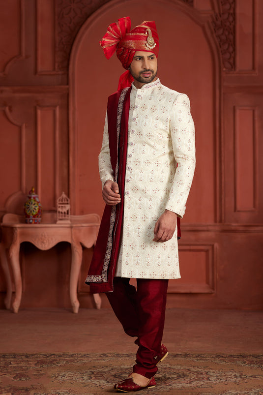 Cream Color Wear Pure Silk Fabric Readymade Elegant Sangeet Function Sherwani