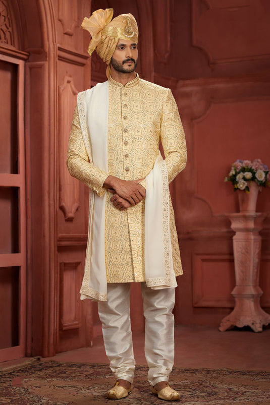 Charming Cream Color Silk Fabric Readymade Sherwani With Embroidered Work