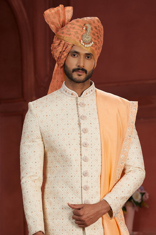 Mesmeric Beige Color Embroidered Readymade Sherwani In Silk Fabric