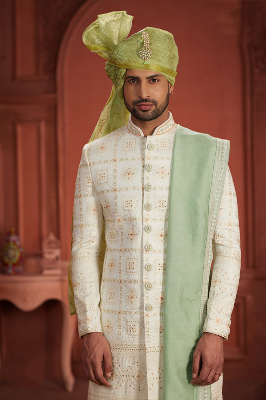 White Color Embroidered Work On Silk Fabric Beatific Readymade Sherwani