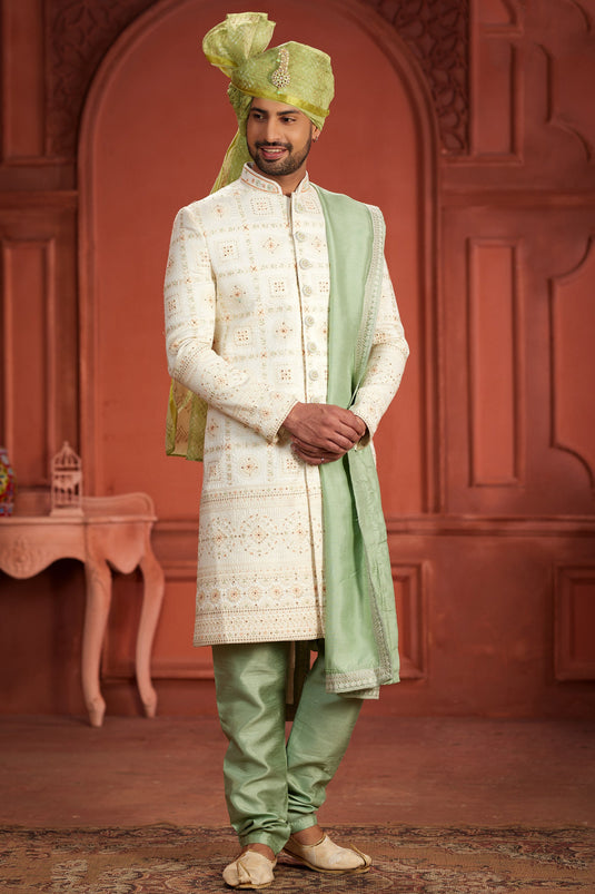 White Color Embroidered Work On Silk Fabric Beatific Readymade Sherwani